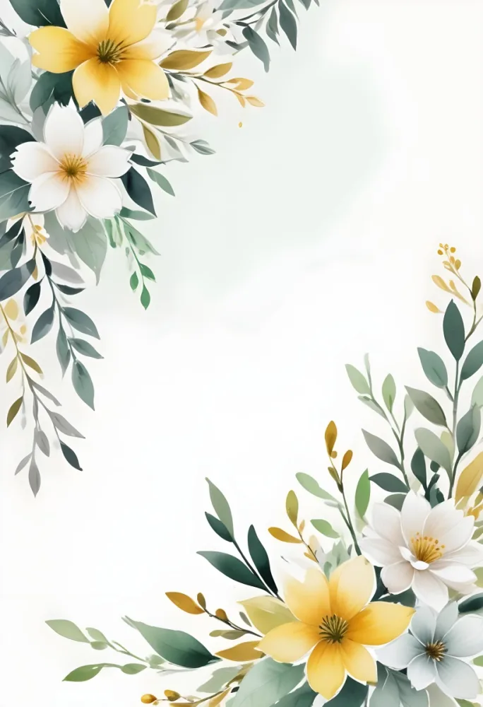 Digital Painting Watercolor Flowers In The Upper Left And Lower Right Corners With Green Green And White Petals Yellow Leaves And Green Accents On A White Background Bold And Slim Lines Brush Strokes 1 33 2832