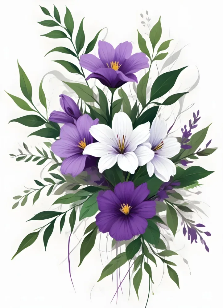 Digital Painting White Background With A Floral Arrangement Of Purple Flowers And Green Leaves At The Top And Green Decorative Lines On Both Sides Bold And Slim Lines Brush Strokes 25 84fd