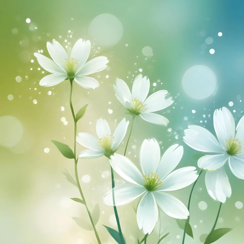 Digital Painting White Flowers With Circular Patterns On A Gradient Background Of Green And Blue Creating A Soft Bokeh Effect With Blurred Lights Bold And Slim Lines Brush Strokes 10 54ea