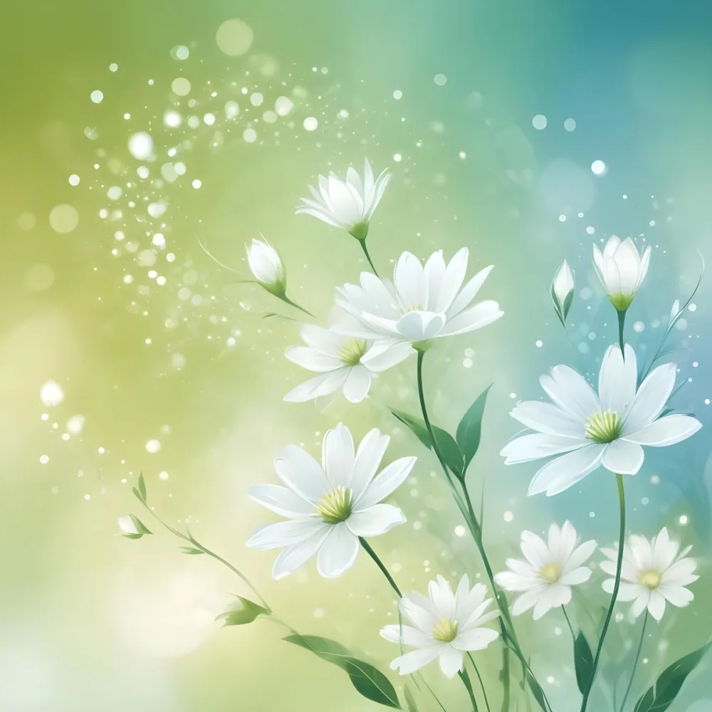 Digital Painting White Flowers With Circular Patterns On A Gradient Background Of Green And Blue Creating A Soft Bokeh Effect With Blurred Lights Bold And Slim Lines Brush Strokes 12 3b53