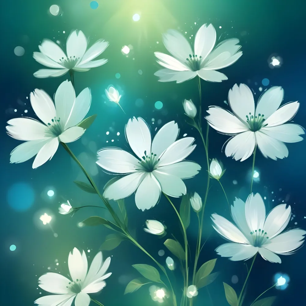 Digital Painting White Flowers With Circular Patterns On A Gradient Background Of Green And Blue Creating A Soft Bokeh Effect With Blurred Lights Bold And Slim Lines Brush Strokes 3 B2bd