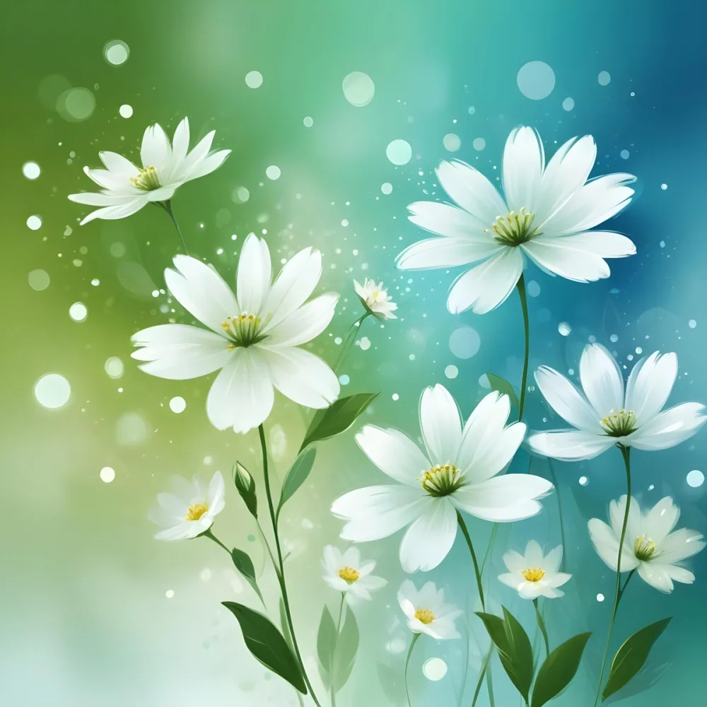 Digital Painting White Flowers With Circular Patterns On A Gradient Background Of Green And Blue Creating A Soft Bokeh Effect With Blurred Lights Bold And Slim Lines Brush Strokes 4 581e