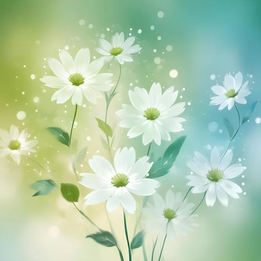 Digital Painting White Flowers With Circular Patterns On A Gradient Background Of Green And Blue Creating A Soft Bokeh Effect With Blurred Lights Bold And Slim Lines Brush Strokes 49 C575