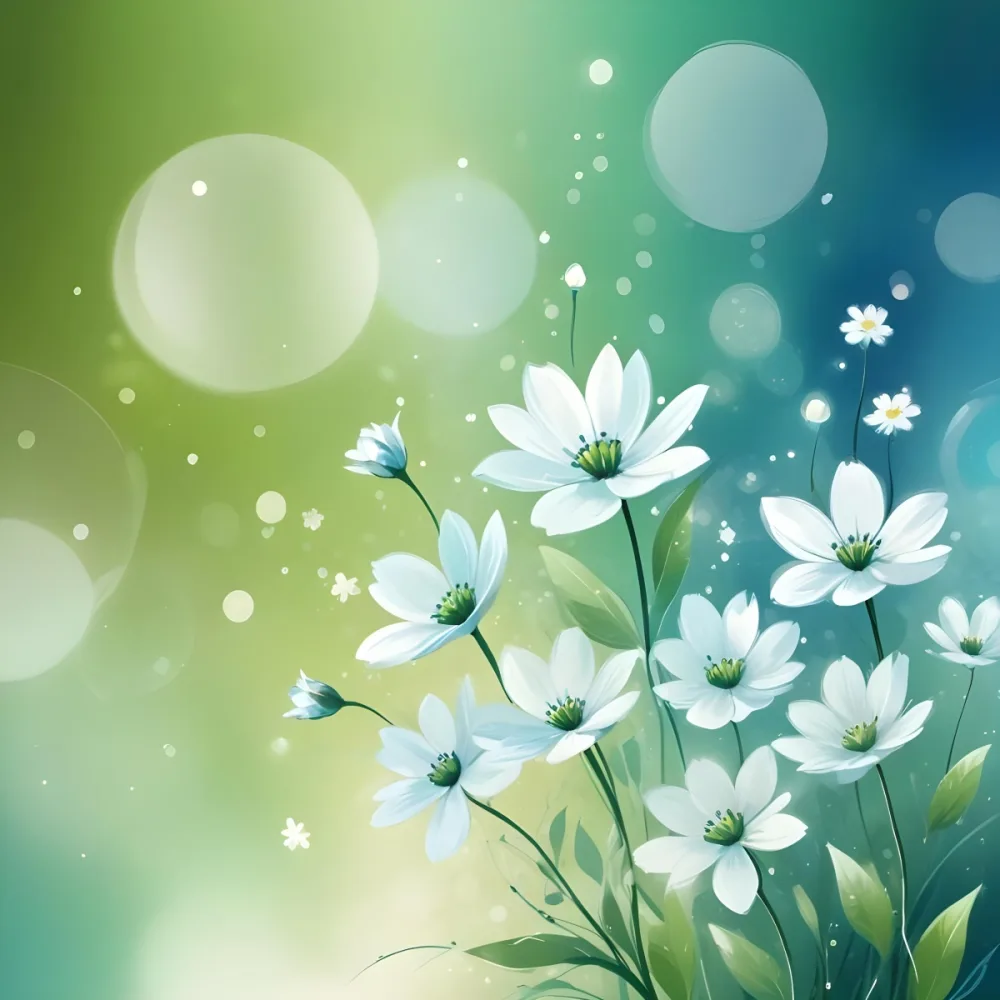 Digital Painting White Flowers With Circular Patterns On A Gradient Background Of Green And Blue Creating A Soft Bokeh Effect With Blurred Lights Bold And Slim Lines Brush Strokes 51 A7c5