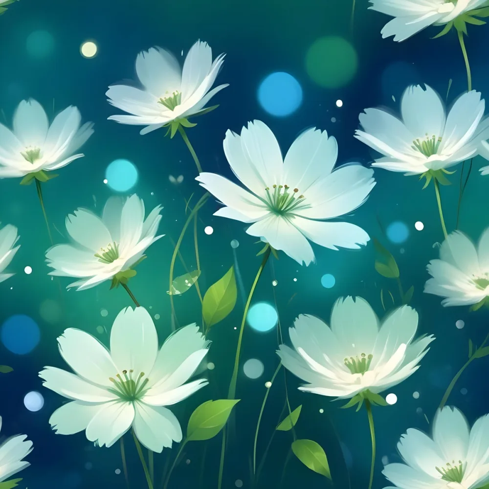 Digital Painting White Flowers With Circular Patterns On A Gradient Background Of Green And Blue Creating A Soft Bokeh Effect With Blurred Lights Bold And Slim Lines Brush Strokes 8 1b1d
