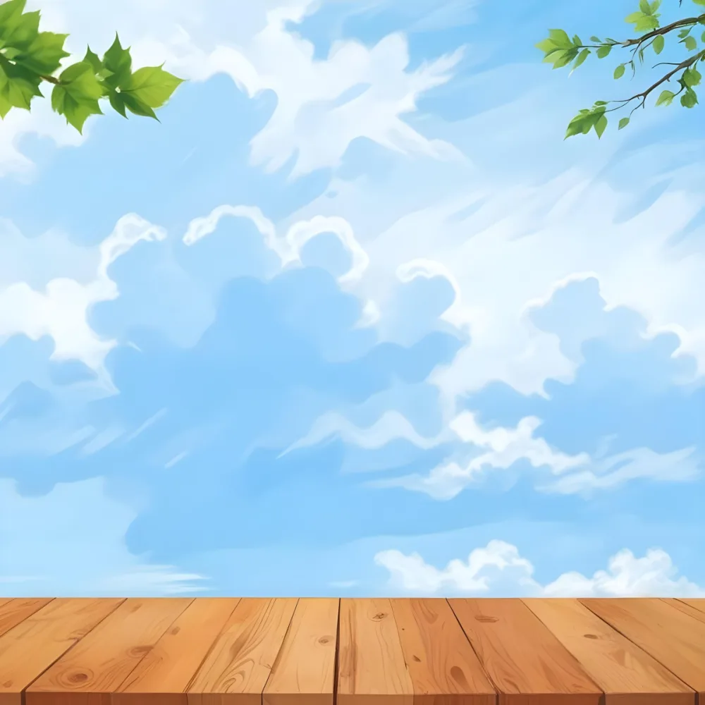 Digital Painting Wooden Floor With Green Leaves On The Top Corners Blue Sky With White Clouds In The Background Sunny Day Bold And Slim Lines Brush Strokes 30 3d23