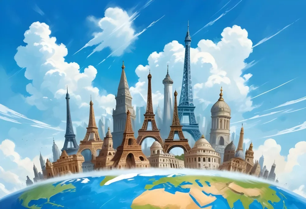 Digital Painting World Monuments On Top Of The World With Blue Sky And Clouds Bold And Slim Lines Brush Strokes 9 2e07