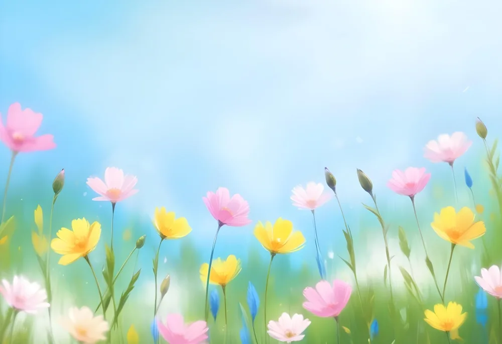 Field Of Pink And Yellow Flowers With Blue Stems Sunny Day With A Yellow Sky Bokeh Effect Bright And Colorful Spring Season 24 9880