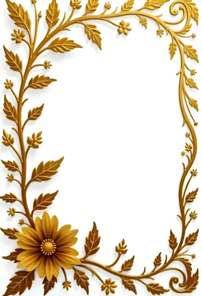 Golden Floral Frame With Intricate Details Featuring Blooming Flowers And Leaves Creating An Elegant Border On A White Background 3 B7b5