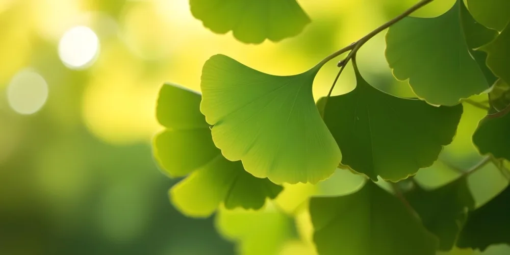 Green Ginkgo Leaves Against A Blurred Yellow Background 15 E63b