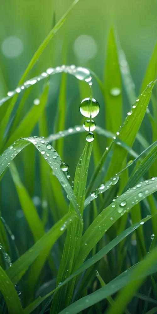 Green Grass Blades With Water Droplets Close Up View Of A Lush Dewy Meadow 14 14a1