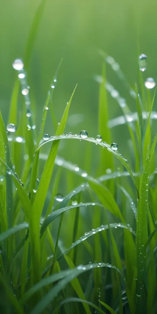 Green Grass Blades With Water Droplets Close Up View Of A Lush Dewy Meadow 19 9489