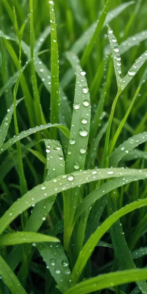 Green Grass Blades With Water Droplets Close Up View Of A Lush Dewy Meadow 7 65c9
