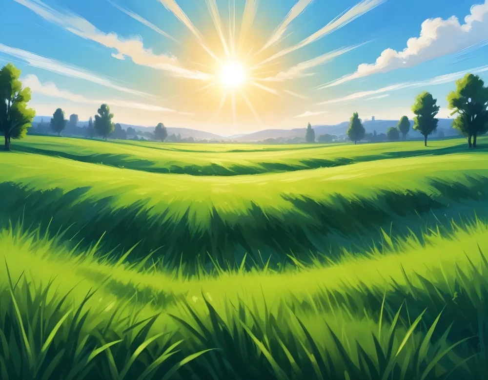 Green Grass Field With A Bright Sun Shining In A Blue Sky Creating A Sunny And Vibrant Outdoor Scene 21 B2a1