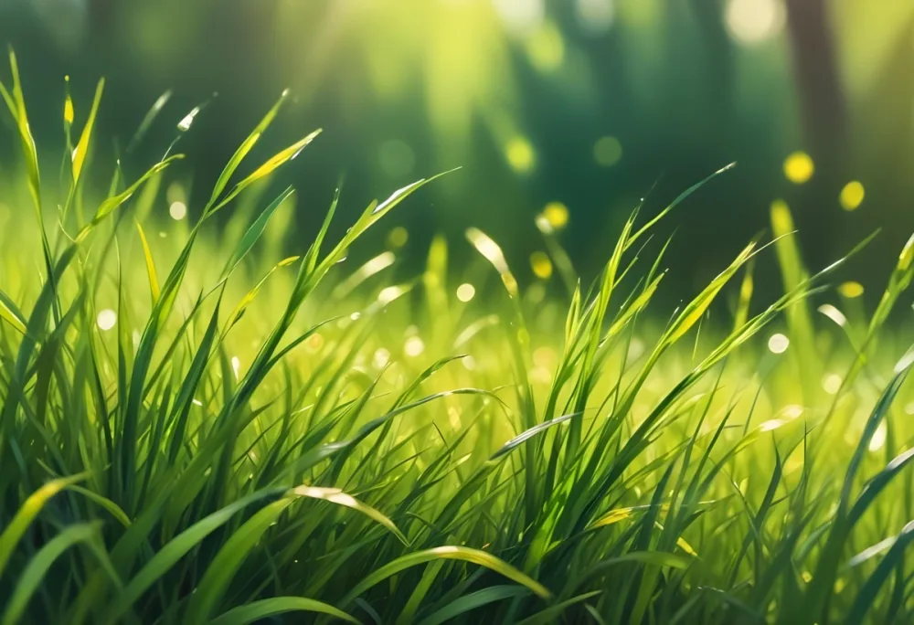 Green Grass With A Bright Yellow Light In The Background Bokeh Effect Sunny Day Spring Season Vibrant Colors Close Up Shot 42 Eebe