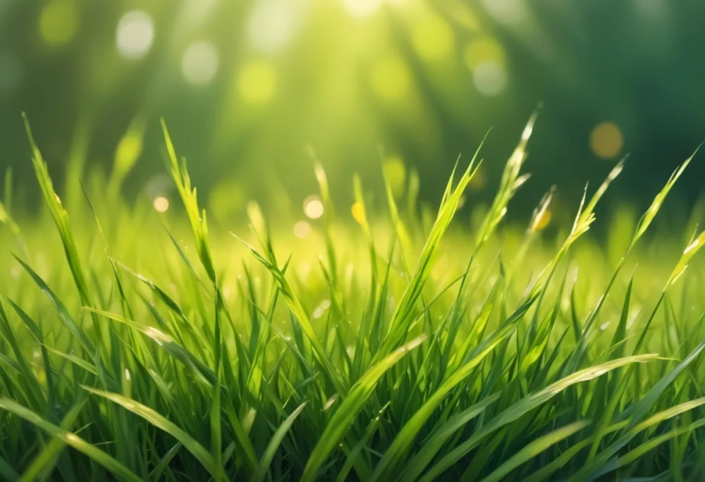 Green Grass With A Bright Yellow Light In The Background Bokeh Effect Sunny Day Spring Season Vibrant Colors Close Up Shot 5 Ebae
