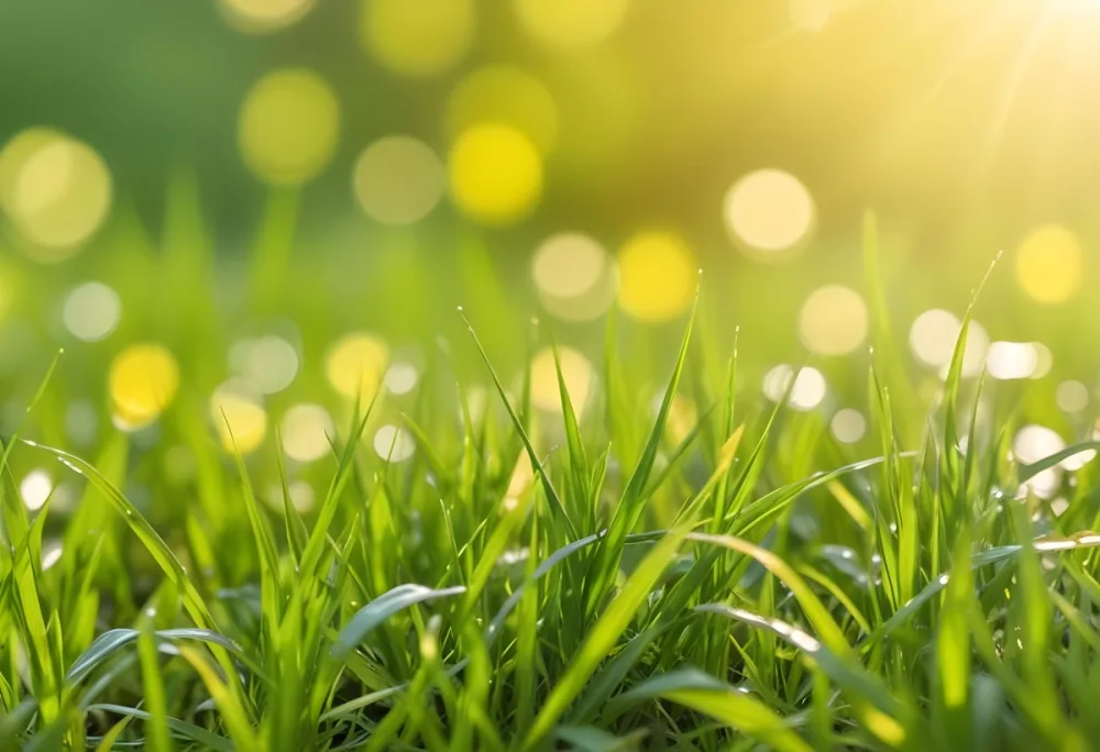 Green Grass With A Bright Yellow Light In The Background Bokeh Effect Sunny Day Spring Season Vibrant Colors Close Up Shot 6 7b45