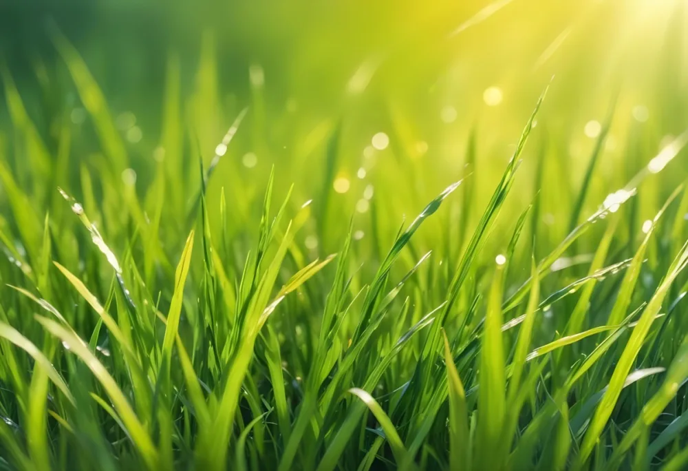 Green Grass With A Bright Yellow Light In The Background Bokeh Effect Sunny Day Spring Season Vibrant Colors Close Up Shot 7 Feb9