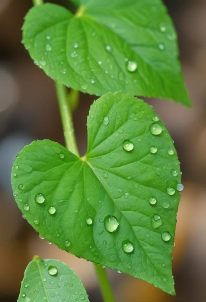 Green Heart Shaped Leaves With Droplets Of Water On Their Surface Against A Blurred Natural Background 43 B27e