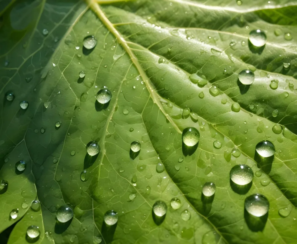 Green Leaf With Water Droplets Close Up View Of The Leaf S Surface Showing The Intricate Veins And Smooth Appearance 4 762a