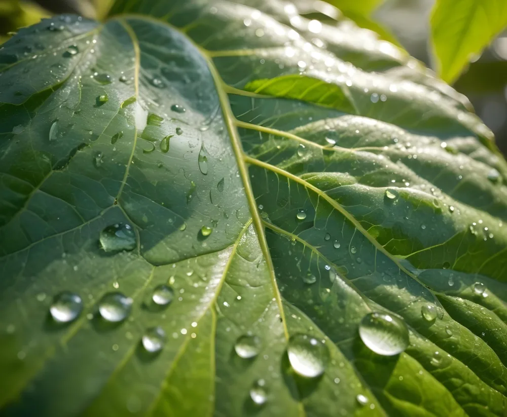 Green Leaf With Water Droplets Close Up View Of The Leaf S Surface Showing The Intricate Veins And Smooth Appearance 7 4a5a