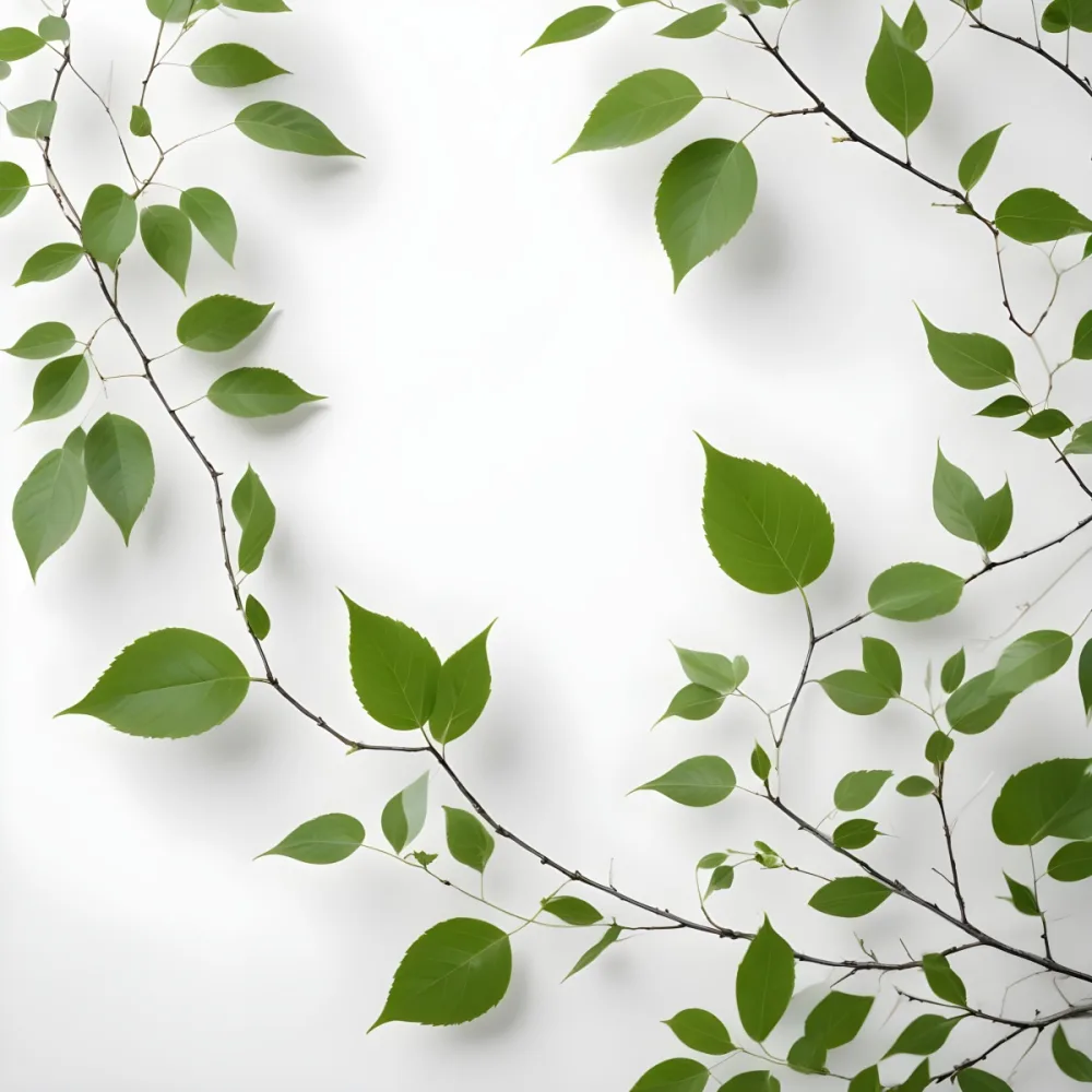 Green Leaves Branches In The Corners Of The Image Small Leaves Thin White Branches White Background Studio Shot Natural Light Minimalist Composition Botanical Theme 6 2ca4