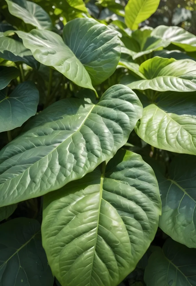 Green Leaves Close Up View Of The Texture And Patterns Of Large Lush Green Leaves With Sunlight Highlighting The Details Against A Blurred Background 7 7e14