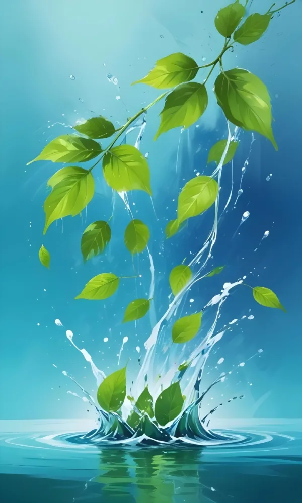 Green Leaves Falling Into Water With Splash Light Blue Background Vibrant Light Nature Concept Fresh Clean Vibrant Dynamic Composition Refreshing Purity 11 7104