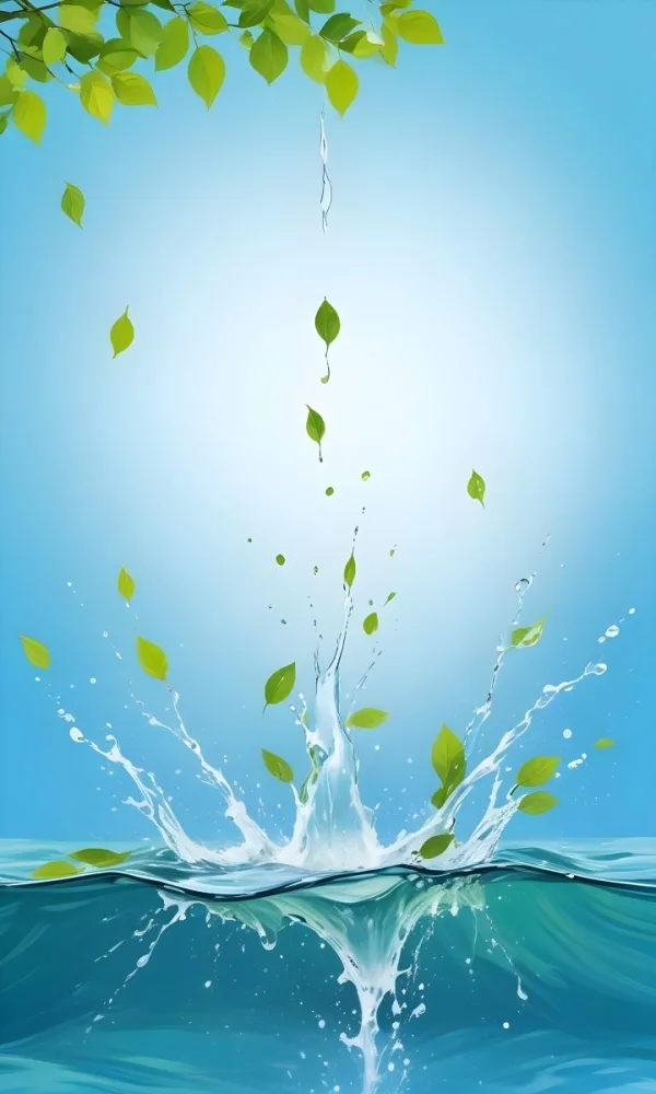 Green Leaves Falling Into Water With Splash Light Blue Background Vibrant Light Nature Concept Fresh Clean Vibrant Dynamic Composition Refreshing Purity 2 5878