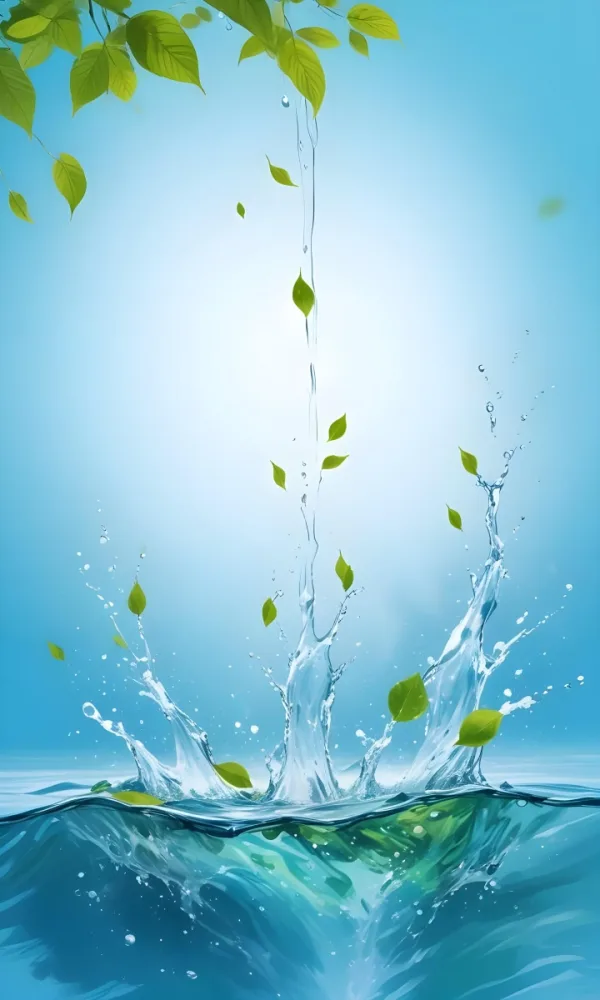 Green Leaves Falling Into Water With Splash Light Blue Background Vibrant Light Nature Concept Fresh Clean Vibrant Dynamic Composition Refreshing Purity 3 E6cf