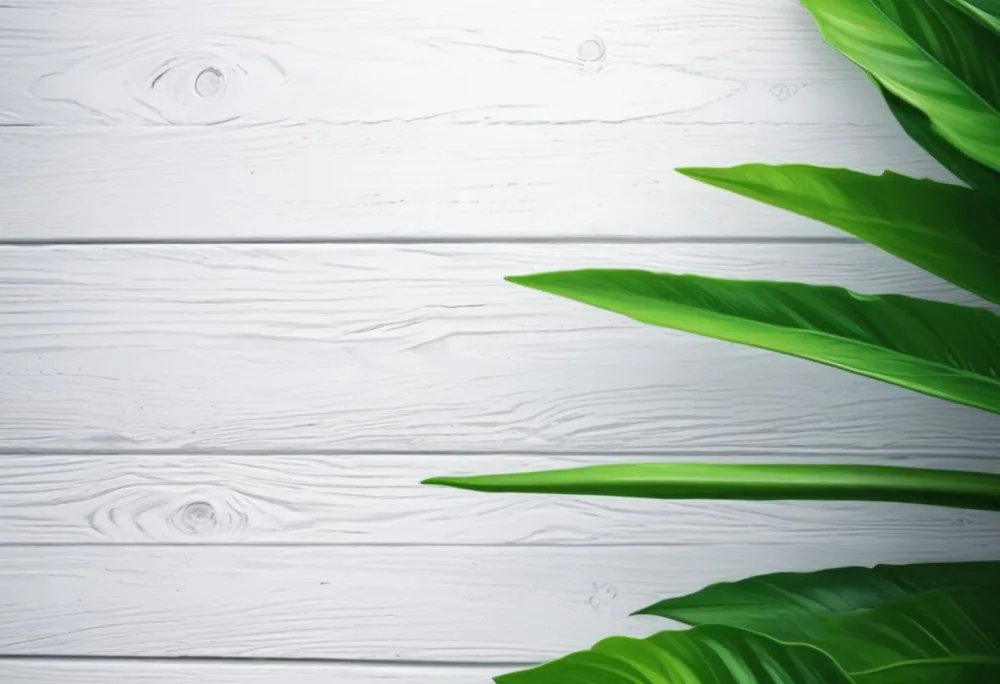 Green Leaves On A White Wooden Surface Creating A Natural And Fresh Background Ideal For Product Presentation Or Text Overlay 10 1189
