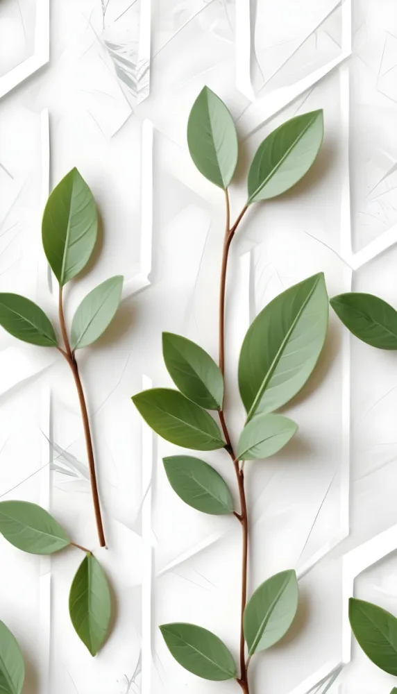 Green Leaves On White Stems White Geometric Background Close Up Shot Natural Light Minimalist Composition Fresh Foliage Geometric Theme Elegant Design Organic Texture Clean Aesthetic 16 58b0