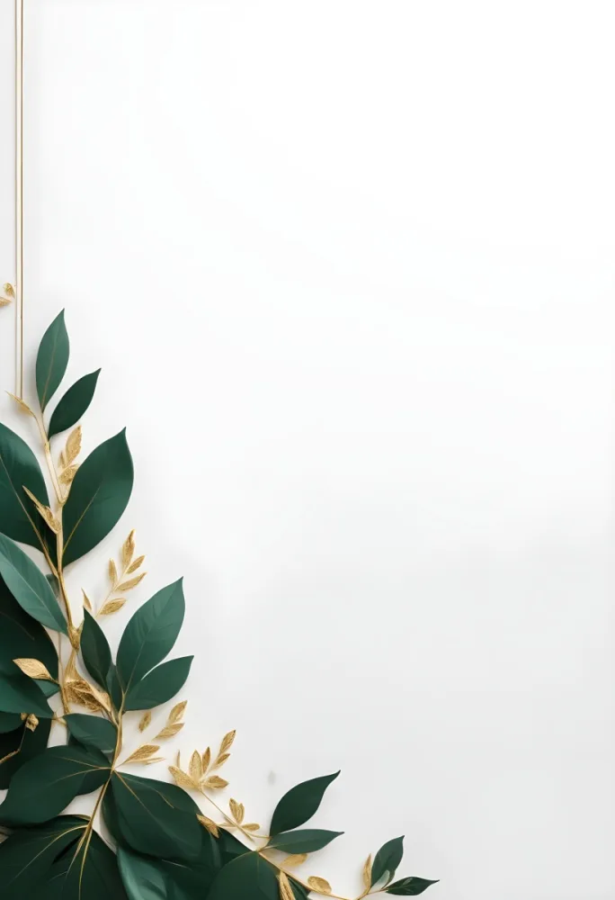 Green Leaves With Gold Accents On A White Background 53 B16f