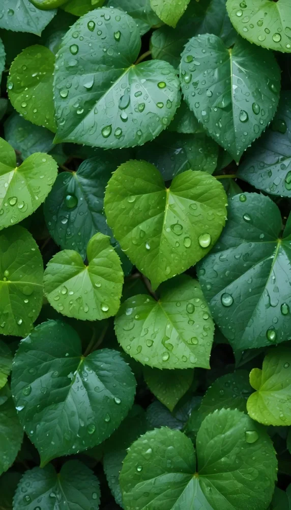 Green Leaves With Water Droplets On Them Showcasing Various Shades Of Green And Heart Shaped Leaves Densely Packed Together 11 D376
