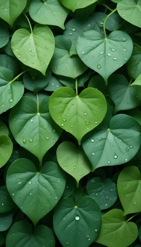 Green Leaves With Water Droplets On Them Showcasing Various Shades Of Green And Heart Shaped Leaves Densely Packed Together 12 407b