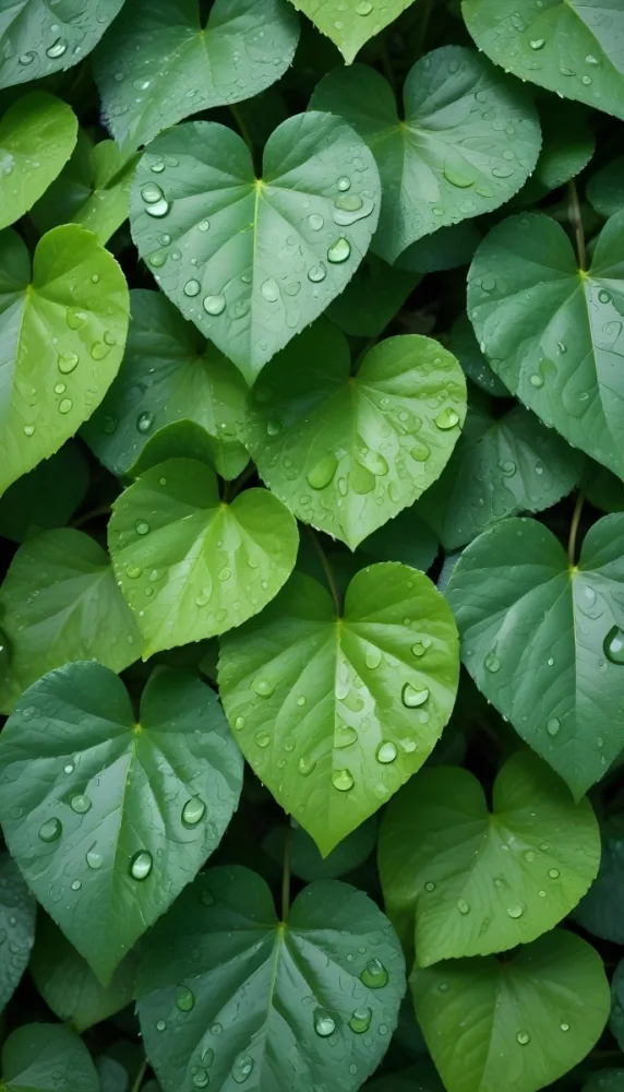 Green Leaves With Water Droplets On Them Showcasing Various Shades Of Green And Heart Shaped Leaves Densely Packed Together 21 4aac