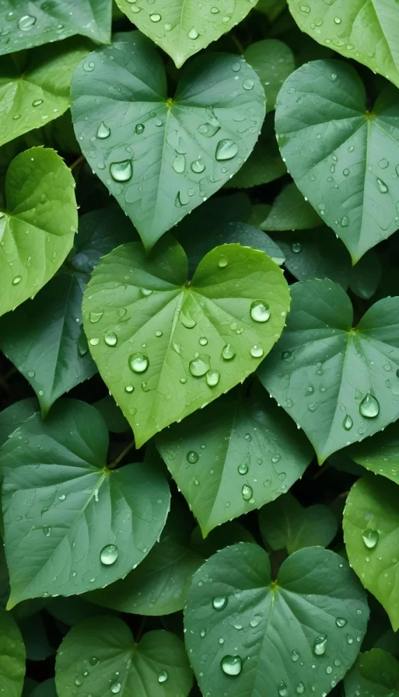 Green Leaves With Water Droplets On Them Showcasing Various Shades Of Green And Heart Shaped Leaves Densely Packed Together 23 842c