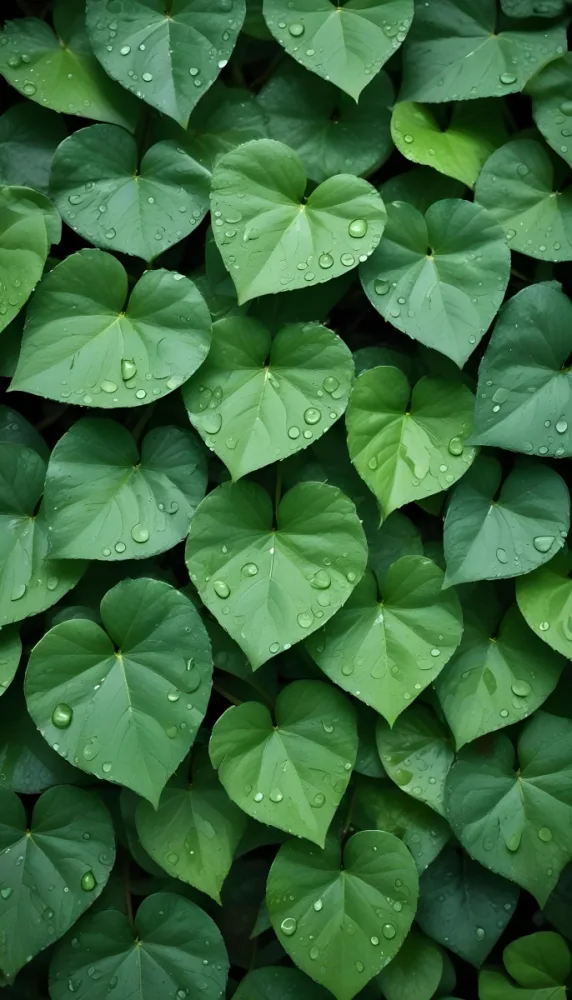 Green Leaves With Water Droplets On Them Showcasing Various Shades Of Green And Heart Shaped Leaves Densely Packed Together 35 A675