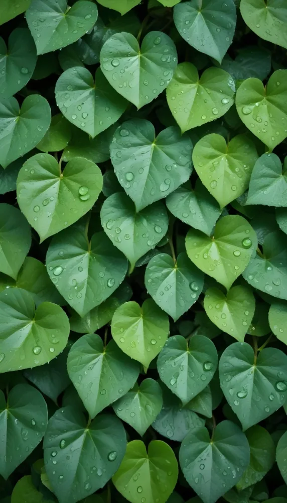 Green Leaves With Water Droplets On Them Showcasing Various Shades Of Green And Heart Shaped Leaves Densely Packed Together 37 7237