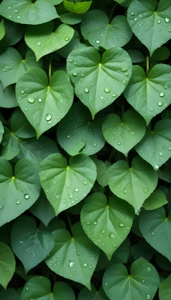 Green Leaves With Water Droplets On Them Showcasing Various Shades Of Green And Heart Shaped Leaves Densely Packed Together 38 F38e