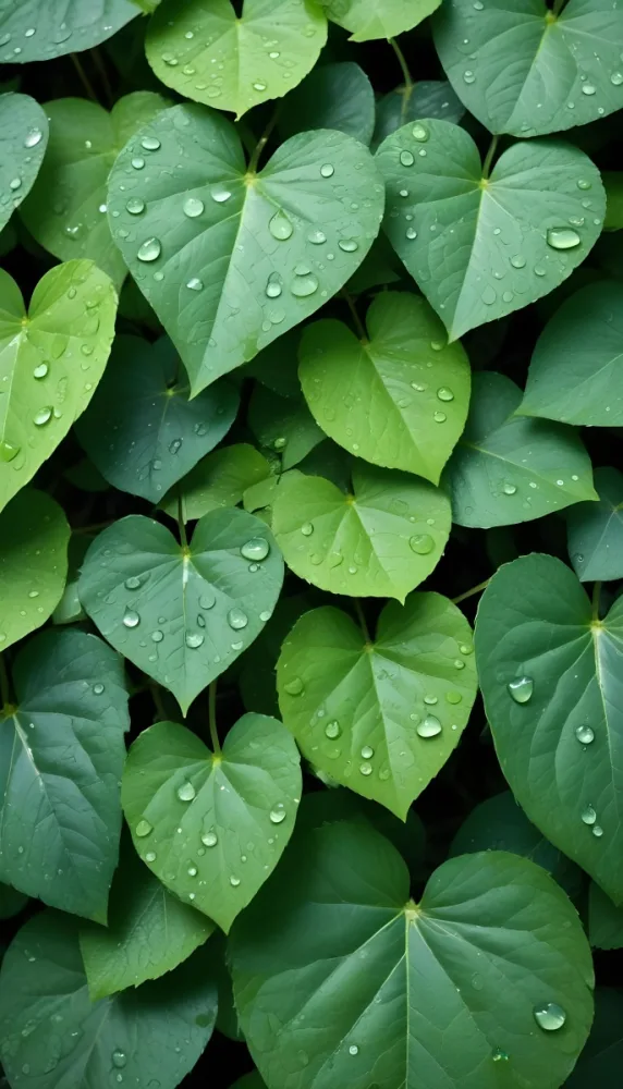 Green Leaves With Water Droplets On Them Showcasing Various Shades Of Green And Heart Shaped Leaves Densely Packed Together 39 Dd4a