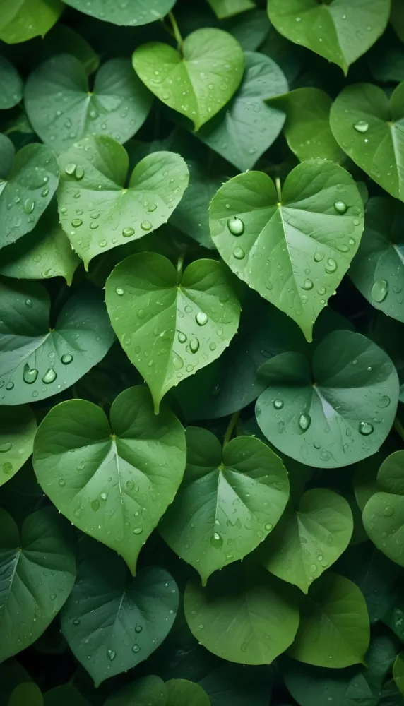 Green Leaves With Water Droplets On Them Showcasing Various Shades Of Green And Heart Shaped Leaves Densely Packed Together 4 07a6