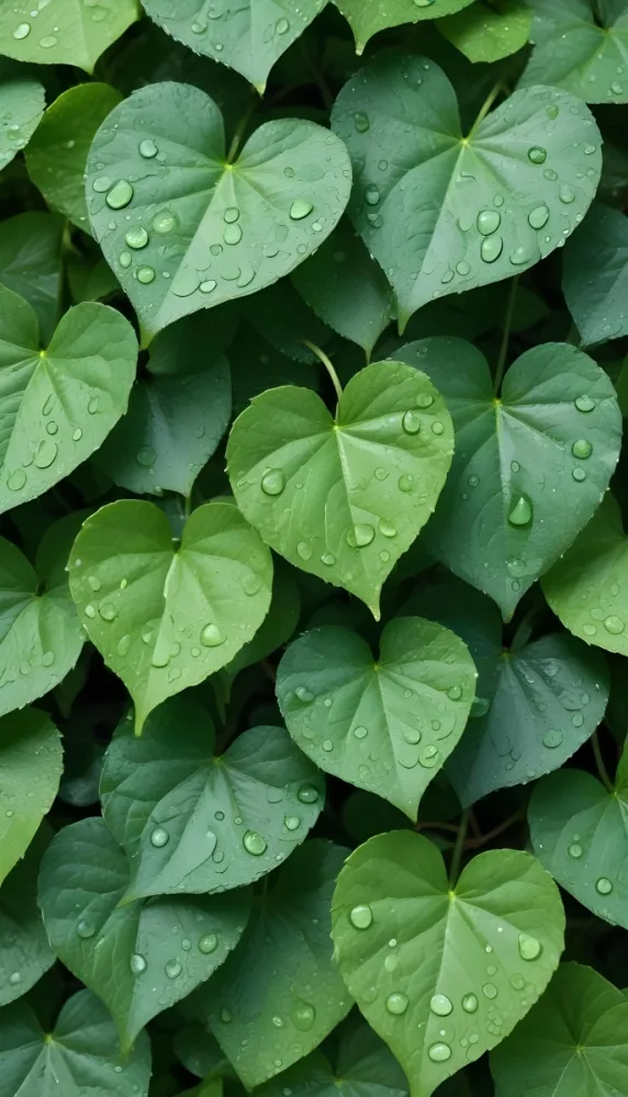 Green Leaves With Water Droplets On Them Showcasing Various Shades Of Green And Heart Shaped Leaves Densely Packed Together 40 6a21