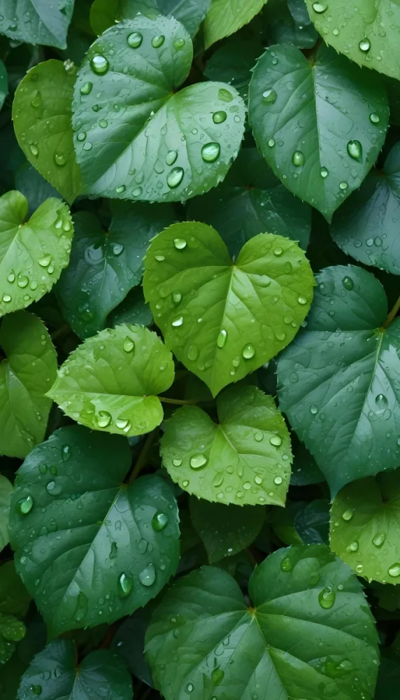 Green Leaves With Water Droplets On Them Showcasing Various Shades Of Green And Heart Shaped Leaves Densely Packed Together 5 E8fb