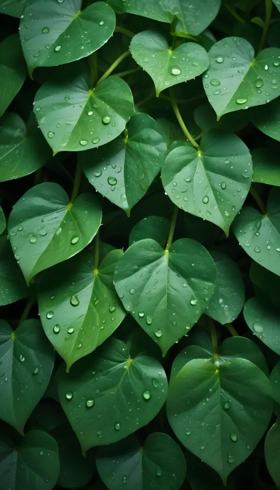 Green Leaves With Water Droplets On Them Showcasing Various Shades Of Green And Heart Shaped Leaves Densely Packed Together 6 8609