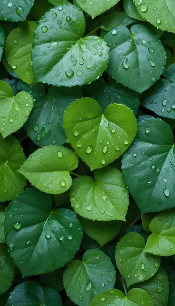 Green Leaves With Water Droplets On Them Showcasing Various Shades Of Green And Heart Shaped Leaves Densely Packed Together 7 7016