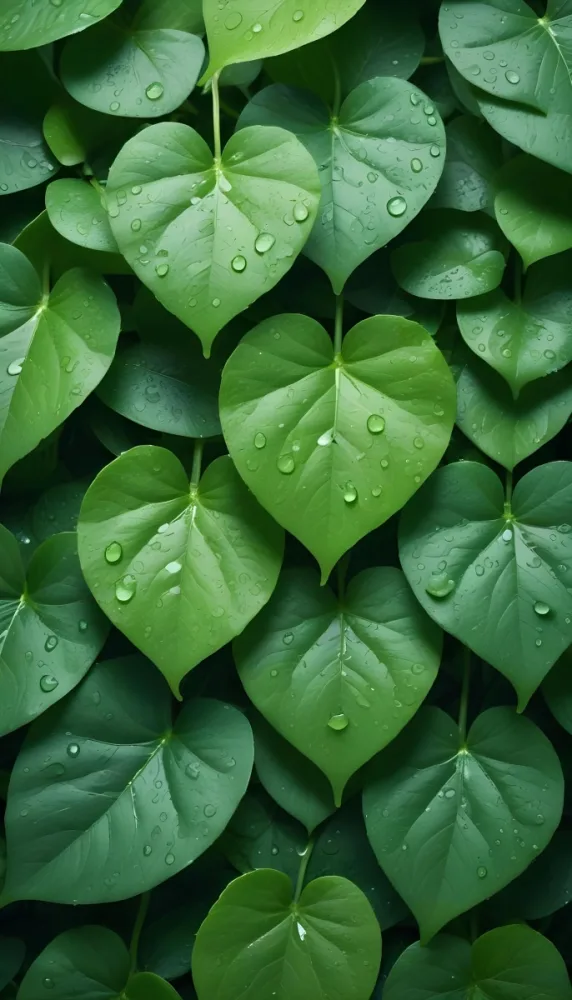 Green Leaves With Water Droplets On Them Showcasing Various Shades Of Green And Heart Shaped Leaves Densely Packed Together 8 45d7