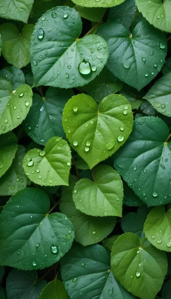 Green Leaves With Water Droplets On Them Showcasing Various Shades Of Green And Heart Shaped Leaves Densely Packed Together 9 04b4