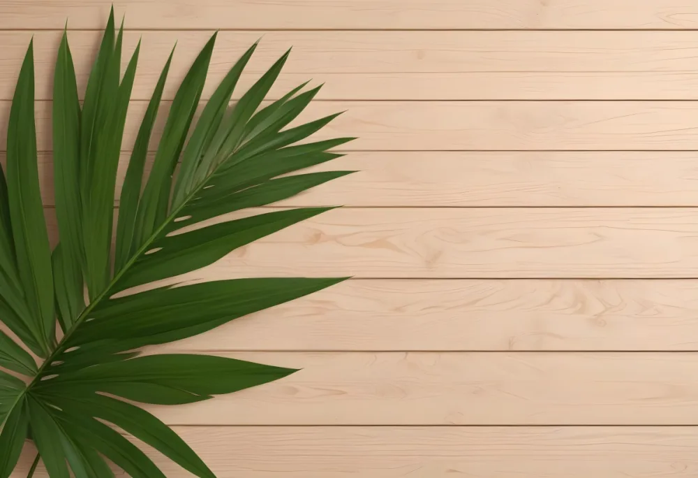 Green Palm Leaf On A Light Brown Wooden Background Tropical Vibrant Natural Fresh Minimalist Clean Bright Summer Botanical Organic Simple 68 A26b