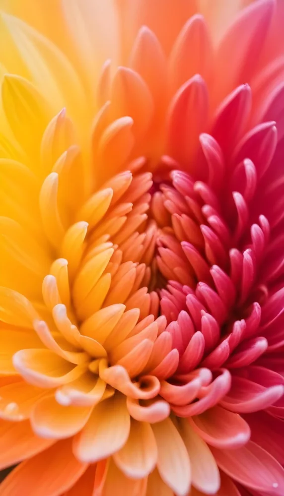 Macro Shot Of A Vibrant Chrysanthemum Flower Petals Transitioning From Yellow To Orange Red And Pink Close Up View Detailed Texture Soft Lighting Gradient Color Scheme Nature Photography 10 645a